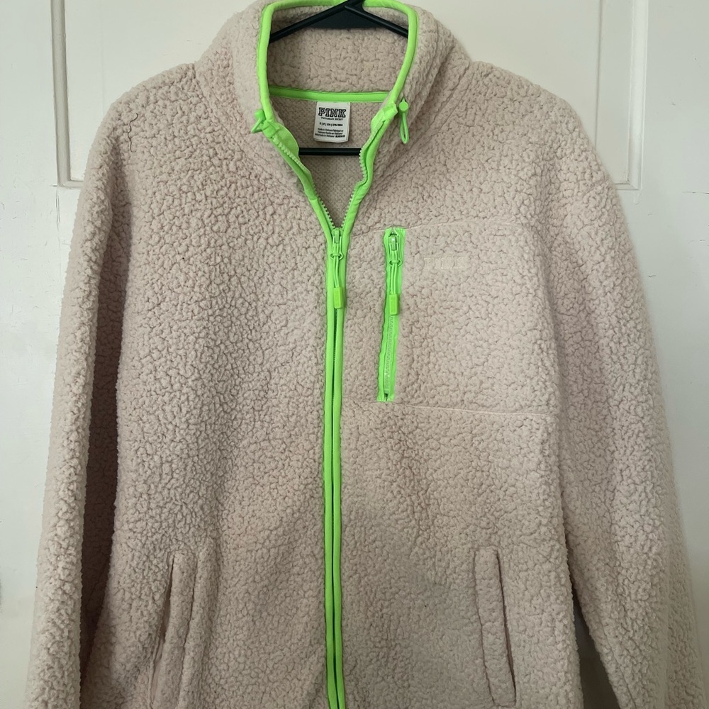 Cream Sherpa Jacket with Neon Green Accents
